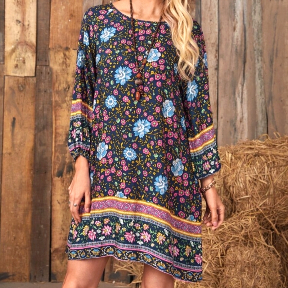 NEW Shift Dress Floral Print Pullover 3/4 Sleeve with Elastic Emery Rose Large - Picture 5 of 7